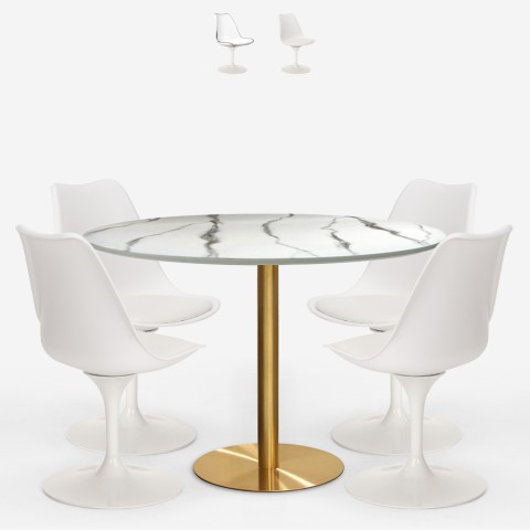 Tulppaanityylinen ruokailuryhmä Vixan+, pyöreä pöytä 120 cm ja 4 tuolia, marmorikuviointi, kulta Tarjous