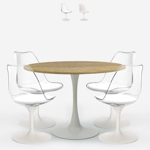 Tulppaanityylinen ruokailuryhmä Meis+, pyöreä puupöytä 120 cm ja 4 tuolia, läpinäkyvä  Tarjous