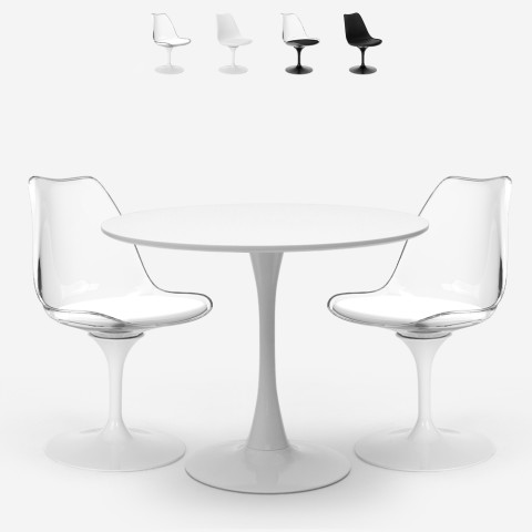 Tulppaanityylinen ruokailuryhmä Nuit, pyöreä pöytä 60 cm ja 2 tuolia, valkoinen tai musta Tarjous
