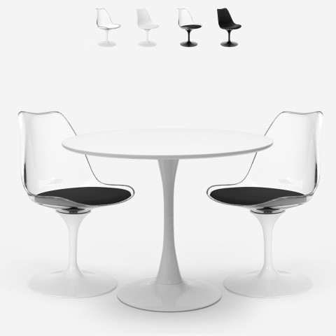 Tulppaanityylinen ruokailuryhmä Seriq, pyöreä pöytä 70 cm ja 2 tuolia, valkoinen tai musta Tarjous