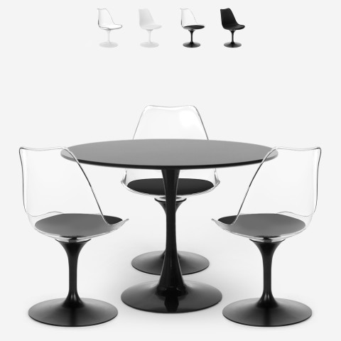 Tulppaanityylinen ruokailuryhmä Wasen, pyöreä valkoinen pöytä 90 cm ja 3 tuolia, läpinäkyvä Tarjous