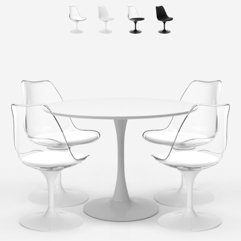 Tulppaanityylinen ruokailuryhmä Yallam, pyöreä läpinäkyvä pöytä 100 cm ja 4 tuolia, valkoinen Tarjous