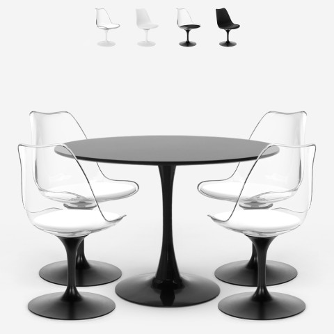 Tulppaanityylinen ruokailuryhmä Balmen, pyöreä pöytä 120 cm ja 4 tuolia, valkoinen ja musta Tarjous