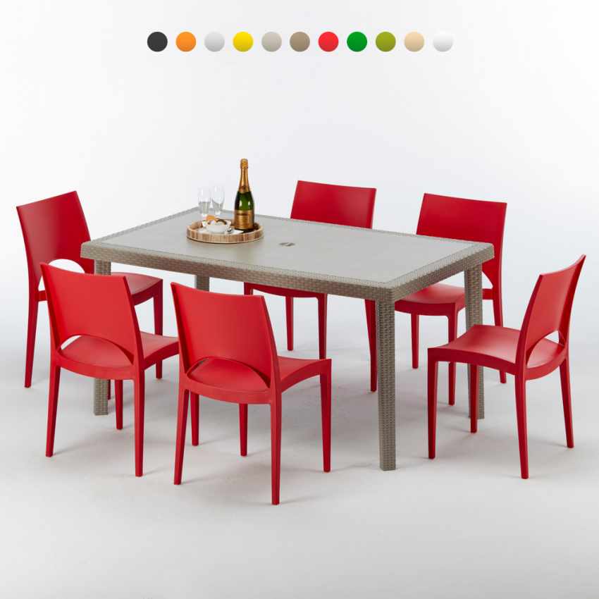 Beigen värinen suorakulmainen pöytä 150x90 cm ja kuusi värikästä tuolia Marion Tarjous