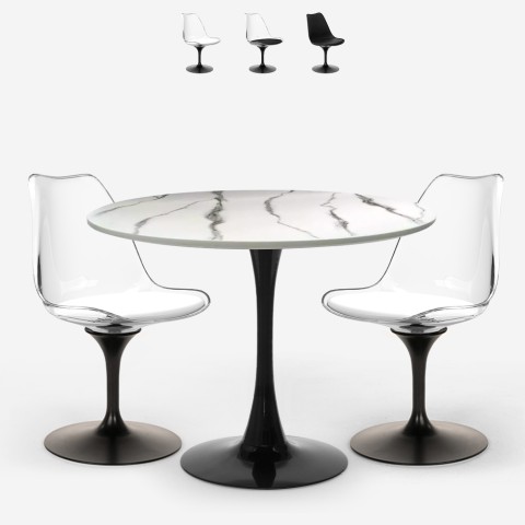 Tulppaanityylinen ruokailuryhmä Lapis, pyöreä pöytä 80 cm ja 2 tuolia, marmorikuviointi, valkoinen ja musta Tarjous
