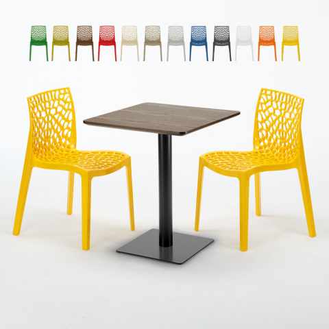 Neliönmuotoinen pöytä 60x60 cm, musta jalka, puinen pöytälevy ja 2 värikästä tuolia Gruvyer Kiss Tarjous