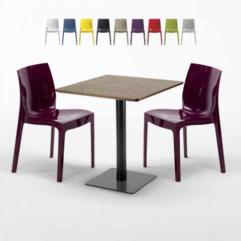 Neliönmuotoinen pöytä 60x60 cm, puisen näköinen pöytälevy ja 2 värikästä tuolia Ice Kiss Tarjous