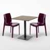 Neliönmuotoinen pöytä 60x60 cm, puisen näköinen pöytälevy ja 2 värikästä tuolia Ice Kiss 