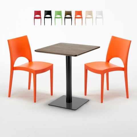 Neliönmuotoinen pöytä 60x60 cm, musta jalka, puinen pöytälevy ja 2 värikästä tuolia Paris Kiss Tarjous