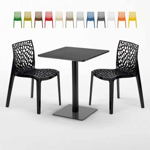 Neliönmallinen musta pöytä 60x60 cm ja 2 värikästä tuolia Gruvyer Licorice