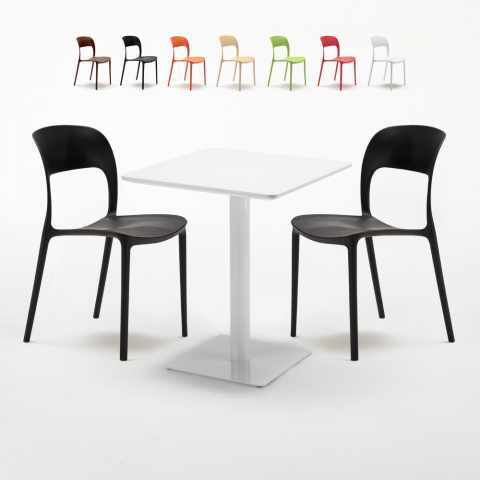 Valkoinen neliöpöytä 60x60 cm ja 2 värikästä tuolia Restaurant Lemon