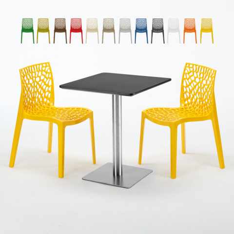 Neliöpöytä 60x60 cm teräsjalka, musta pöytälevy ja 2 värikästä tuolia Gruvyer Pistachio Tarjous