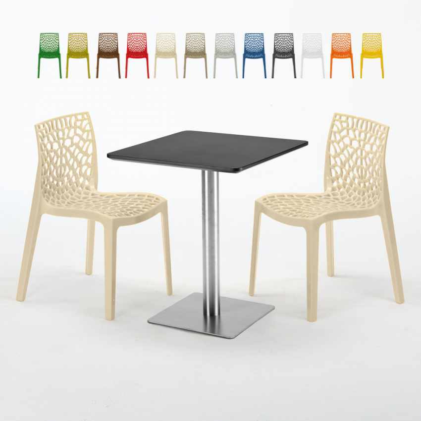Neliöpöytä 60x60 cm teräsjalka, musta pöytälevy ja 2 värikästä tuolia Gruvyer Pistachio Tarjous