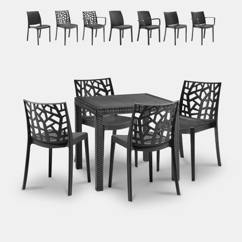 Puutarhapöytäsarja neliömäinen pöytä 80x80cm rottinki 4 tuolia musta Nisida Dark Tarjous