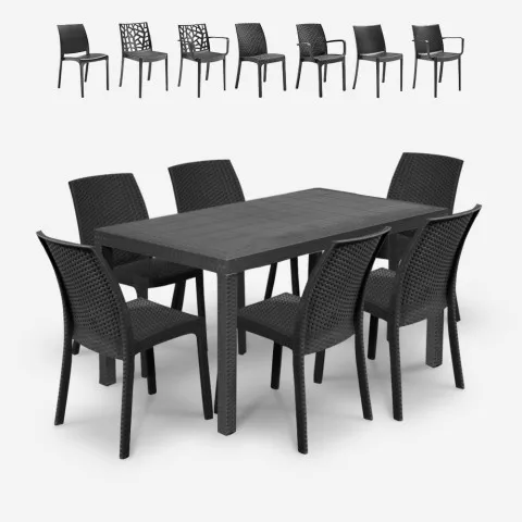 Musta rottinki-ilmeinen ulkokalustesetti Meloria Dark, pöytä 150x90 cm + 6 tuolia Tarjous