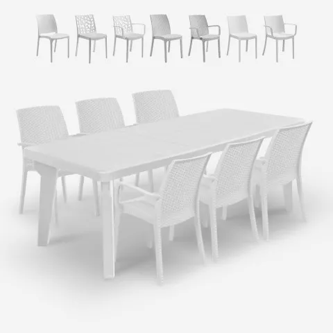 Valkoinen ulkokalustesetti Liri Light, jatkettava pöytä 160–220 cm + 6 tuolia Tarjous