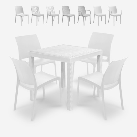Aseta puutarhapöytä ulkokäyttöön 80x80cm rottinki 4 tuolia valkoinen Nisida Light Tarjous