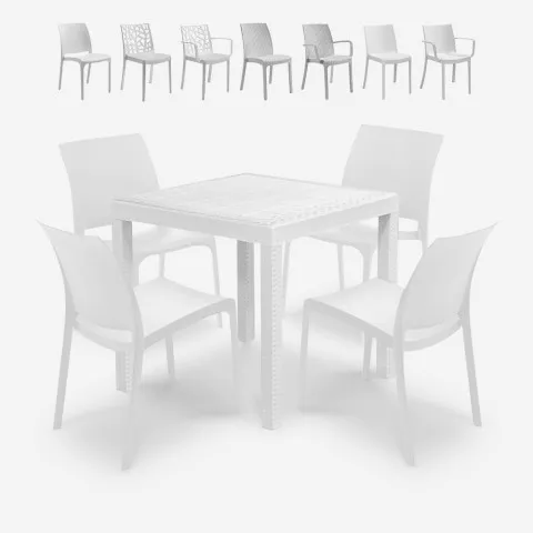 Valkoinen rottinki-ilmeinen ulkokalustesetti Nisida Light, pöytä 80x80 cm + 4 tuolia Tarjous