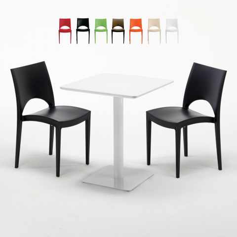 Valkoinen neliöpöytä 60x60 cm ja 2 värikästä tuolia Paris Lemon