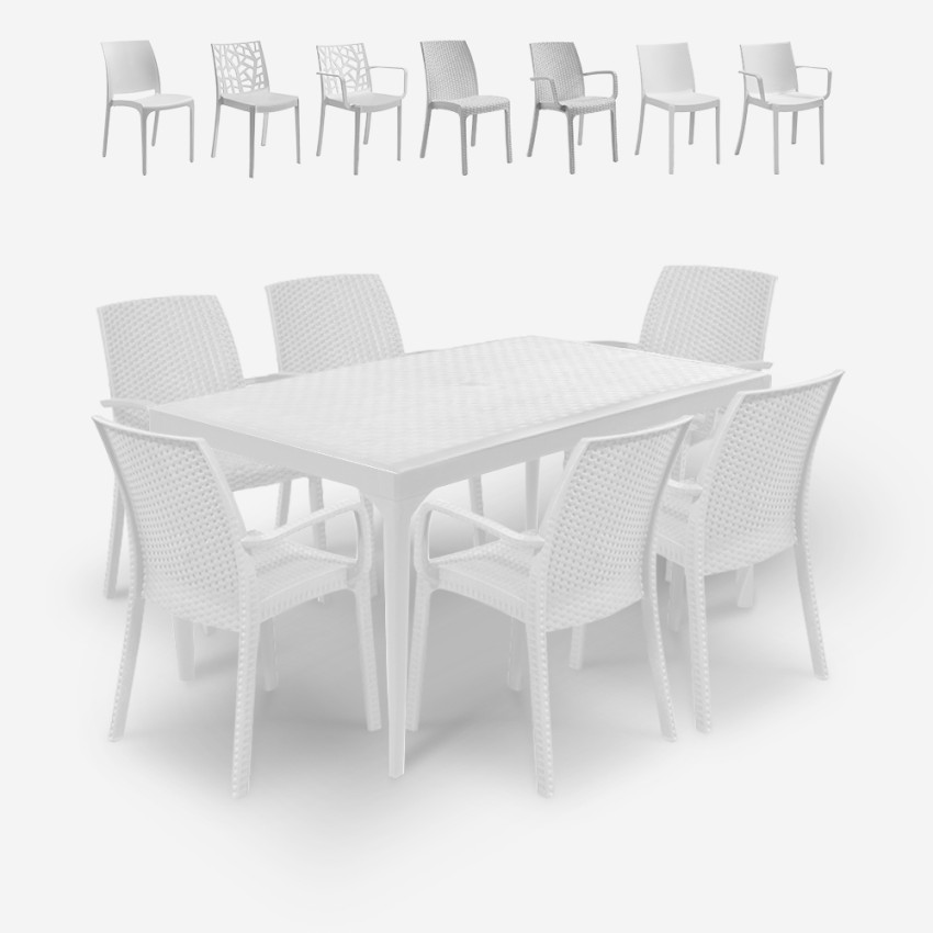 Valkoinen ulkokalustesetti Sunrise Light, ruokapöytä 150x90 cm + 6 tuolia Tarjous