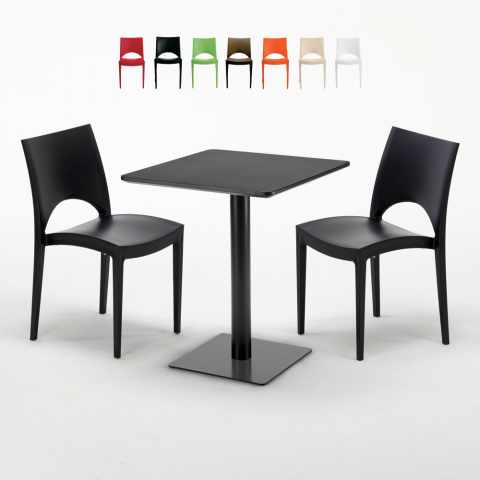 Musta neliöpöytä 60x60 cm ja 2 värikästä tuolia Paris Licorice