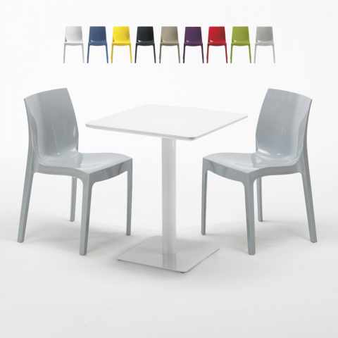 Valkoinen neliöpöytä 60x60 cm ja 2 värikästä tuolia Ice Lemon