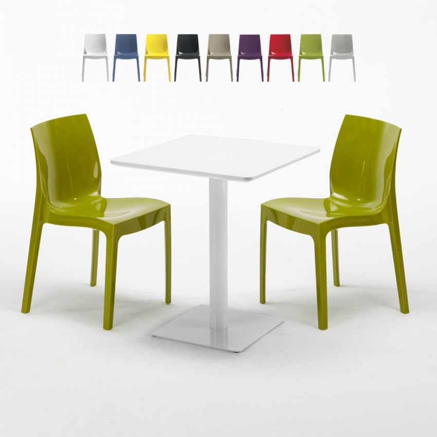 Valkoinen neliöpöytä 60x60 cm ja 2 värikästä tuolia Ice Lemon Varasto