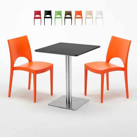 Neliöpöytä 60x60 cm teräsjalka, musta pöytälevy ja 2 värikästä tuolia Paris Pistachio