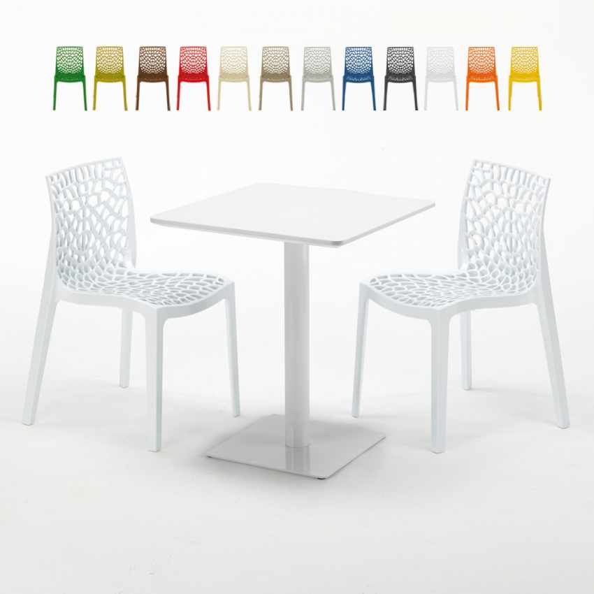 Valkoinen neliöpöytä 60x60 cm ja 2 värikästä tuolia Gruvyer Lemon Alennusmyynnit