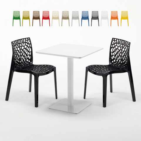 Valkoinen neliöpöytä 60x60 cm ja 2 värikästä tuolia Gruvyer Lemon