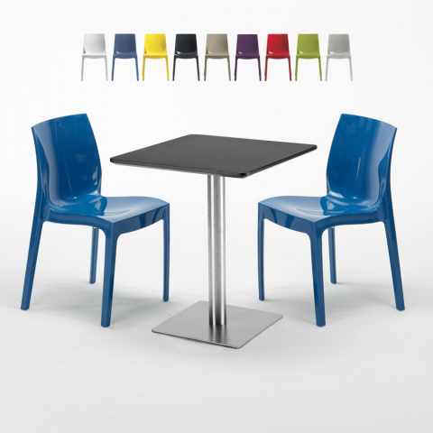 Neliöpöytä 60x60 cm hopeanvärinen jalka, musta pöytälevy ja 2 värikästä tuolia Ice Pistachio