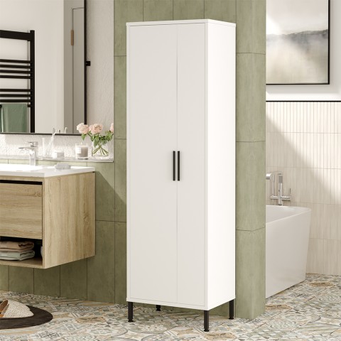 Kylpyhuoneen kaappi liikkuva pylväs 2 ovea valkoinen siivouskaappi 50x36x175cm Livry Tarjous