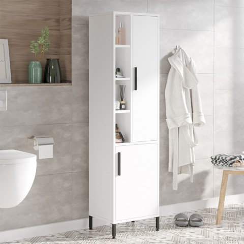 Kylpyhuoneen valkoinen pylväskomero 2 ovia hyllyillä 45x36x184cm Femmy Tarjous