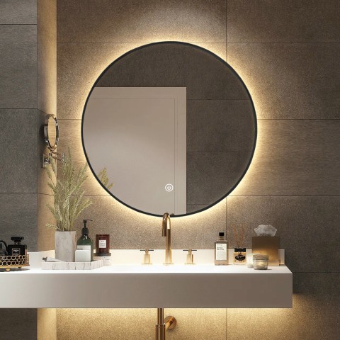 Kylpyhuoneen LED-valaistu pyöreä peili 70 cm taustavalaistu musta kehyksellä Laugarv L Tarjous