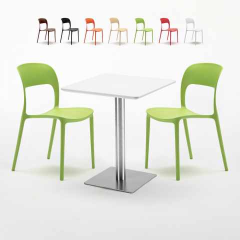 Neliöpöytä 60x60 cm, valkoinen pöytälevy ja 2 värikästä tuolia Restaurant Hazelnut Tarjous