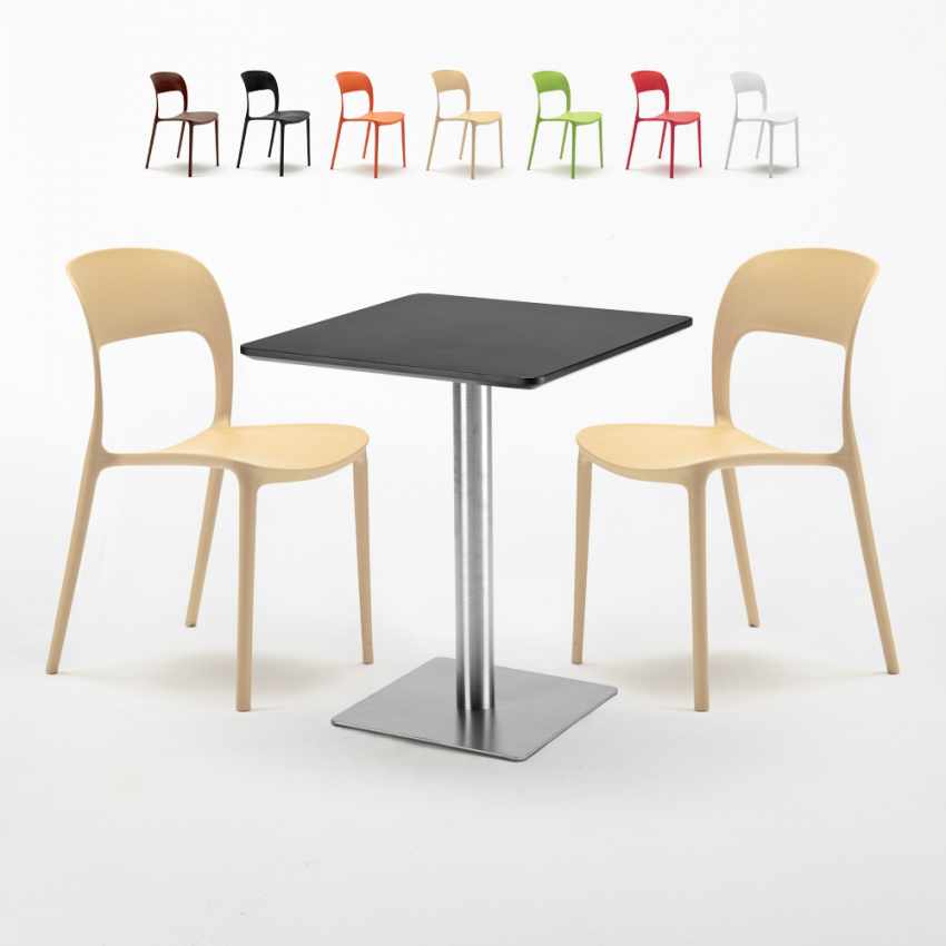 Neliöpöytä 60x60 cm, musta pöytälevy, teräsjalka ja 2 värikästä tuolia Pistachio Myynti