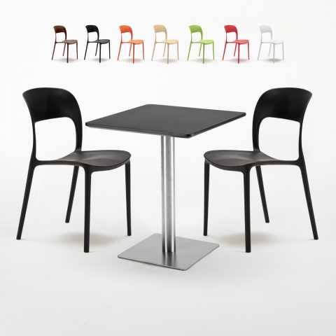 Neliöpöytä 60x60 cm, musta pöytälevy, teräsjalka ja 2 värikästä tuolia Pistachio Tarjous