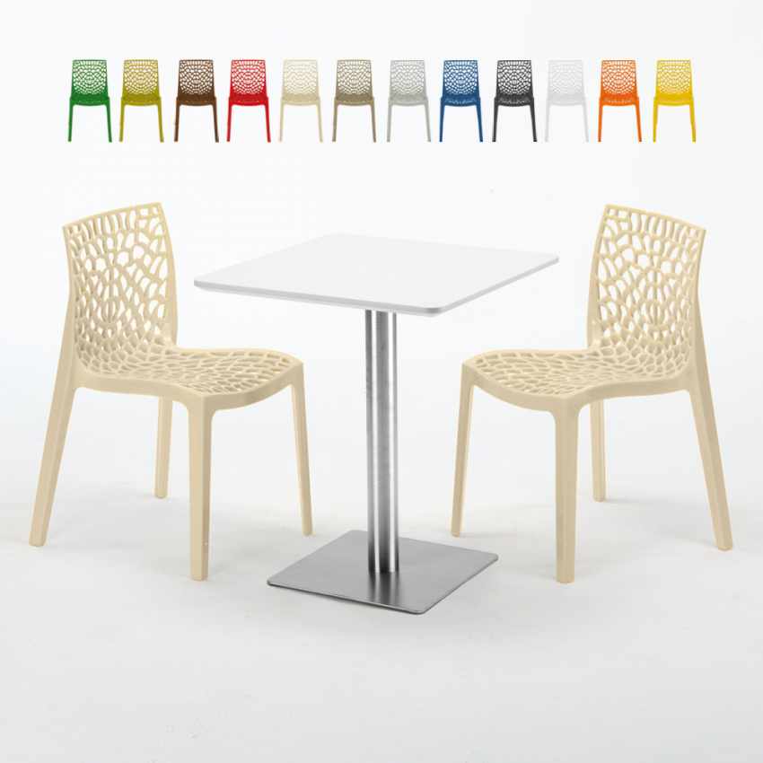 Neliöpöytä 60x60 cm, valkoinen pöytälevy ja 2 värikästä tuolia Gruvyer Hazelnut Myynti
