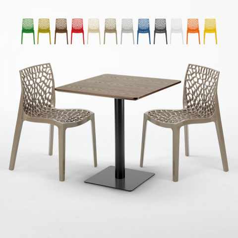 Neliöpöytä 70x70 cm, puisen näköinen pöytälevy ja 2 värikästä tuolia Gruvyer Melon Tarjous