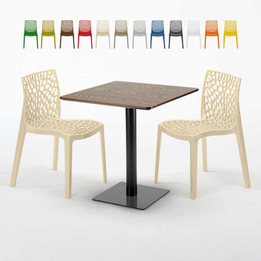 Neliöpöytä 70x70 cm, puisen näköinen pöytälevy ja 2 värikästä tuolia Gruvyer Melon Tarjous