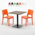 Neliöpöytä 70x70 cm, puisen näköinen pöytälevy ja 2 värikästä tuolia Paris Melon Tarjous