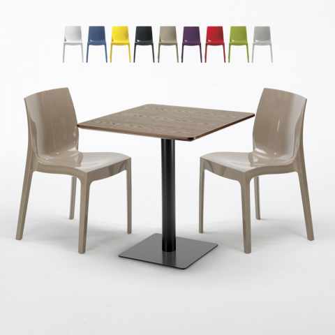Neliöpöytä 70x70 cm, puisen näköinen pöytälevy ja 2 värikästä tuolia Ice Melon