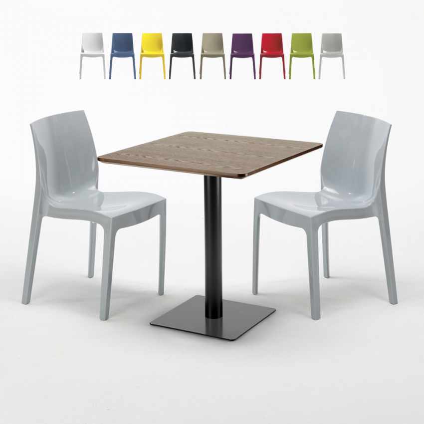 Neliöpöytä 70x70 cm, puisen näköinen pöytälevy ja 2 värikästä tuolia Ice Melon Alennukset
