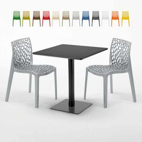 Musta neliöpöytä 70x70 cm ja 2 värikästä tuolia Gruvyer Kiwi