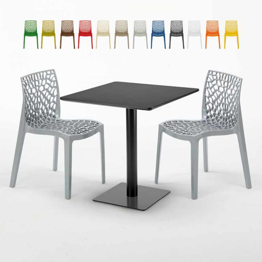 Gruvyer Kiwi musta neliöpöytä 70x70 cm ja 2 värikästä tuolia