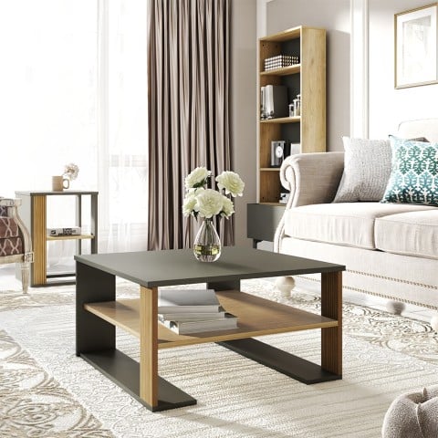 Neliön muotoinen sohvapöytä Borvin, 75x75 cm, musta ja puu  Tarjous
