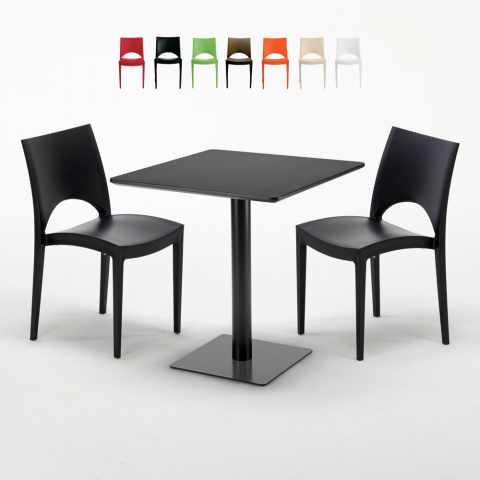 Musta neliöpöytä 70x70 cm ja 2 värikästä tuolia Paris Kiwi