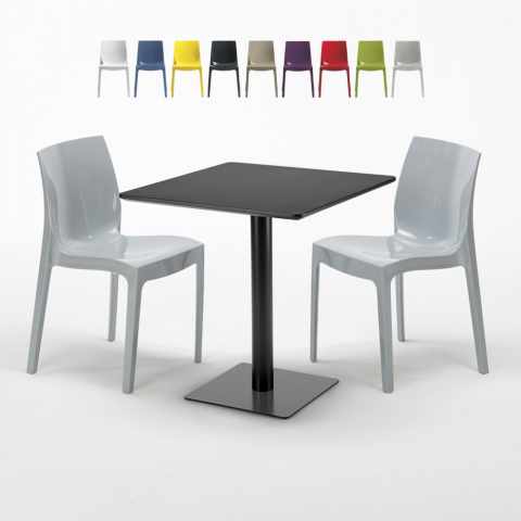 Musta neliöpöytä 70x70 cm ja 2 värikästä tuolia Ice Kiwi