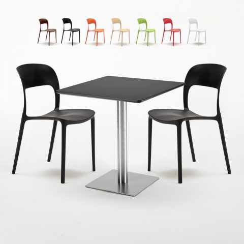 Musta neliöpöytä 70x70 cm ja 2 värikästä tuolia Restaurant Rum Raisin