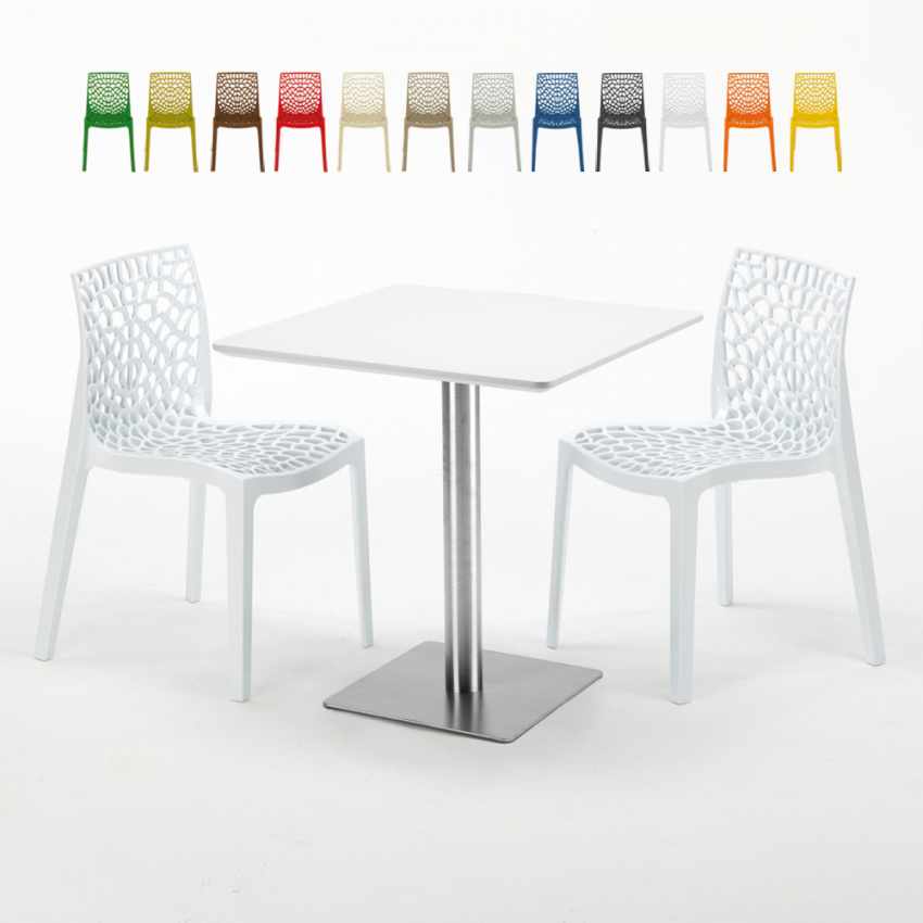 Valkoinen neliöpöytä 70x70 cm teräsjalalla ja 2 värikästä tuolia Ice Strawberry Tarjous